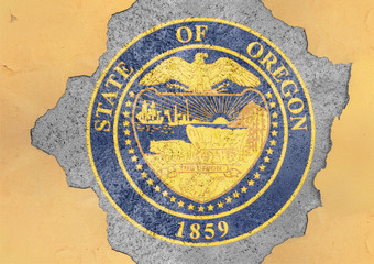 US state Oregon seal flag painted on concrete hole and cracked wall facade structure