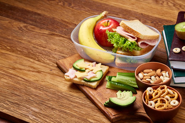 Healthy eating kid's menu on school lunch background, shallow depth of field, close-up.