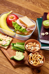 Healthy eating kid's menu on school lunch background, shallow depth of field, close-up.