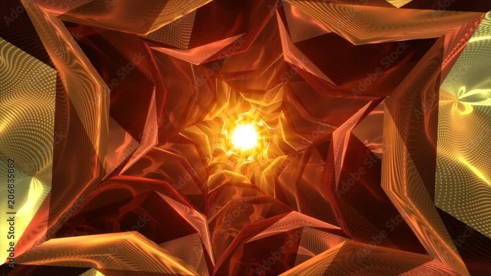 Poster abstract technology tunnel. gold and red metal concstruciton sharp corners with reflections the came