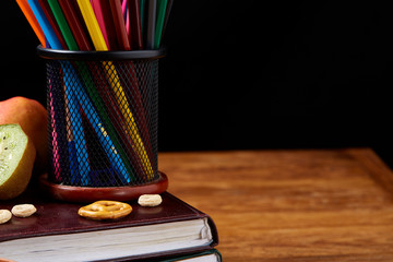 Healthy eating kid's menu on school lunch background, shallow depth of field, close-up.