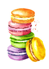 Traditional french Cake macaron or macaroon, colorful almond cookies. Watercolor hand drawn illustration, isolated on white background