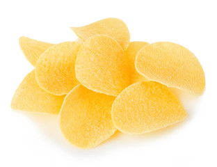 Potato chips close-up isolated on white background.