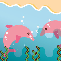 pink dolphins swimming underwater marine sea life vector illustration