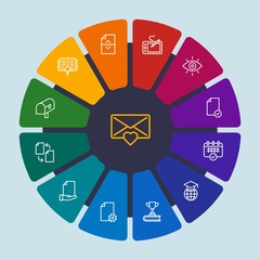 files, email, education Infographic Circle outline Icons Set. Contains such Icons as  document,  class,  order,  strategy, love,  search,  sign, internet,  data and more. Fully Editable. Pixel Perfect