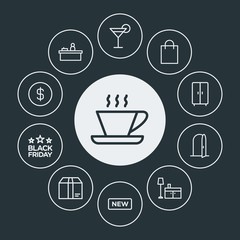 drinks, shopping, furniture Infographic Circle outline Icons Set. Contains such Icons as new,  entrance,  party,  coffee, cash,  glass,  cargo,  currency,  open and more. Fully Editable. Pixel Perfect