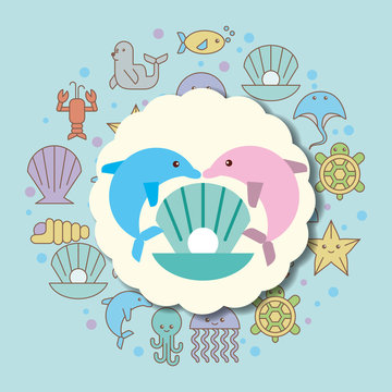 dolphins and clam pearl sea life cartoon animals label vector illustration