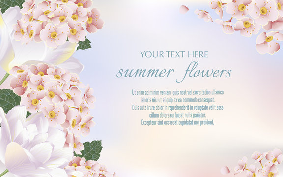 Template for greeting cards, wedding decorations, sales. Vector banner with summer flowers. Spring or summer design.