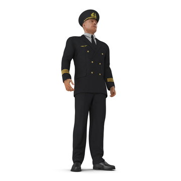 Senior flight captain standing on white. 3D illustration