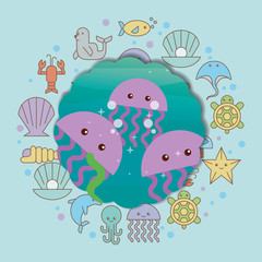 jellyfishes sea life cartoon animals label vector illustration