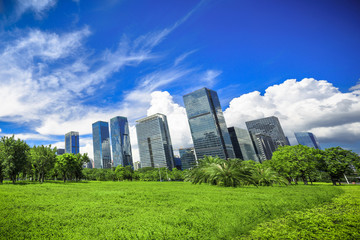 Obraz premium City park under blue sky with Downtown Skyline in the Background