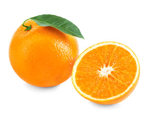 Naklejka na ściany i meble Orange fruit isolate. Fresh orange with leaves isolated on white.