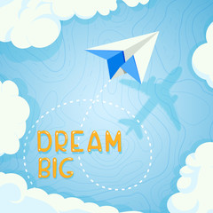 Fototapeta na wymiar Concept banner on the theme of travel by airplane, vacation, adventure. Paper plane background in blue sky with topographical map
