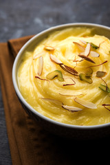 Shrikhand OR Srikhand is an Indian dessert made of strained yogurt, garnished with dry fruits and saffron.