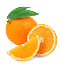 Orange fruit isolate. Fresh orange with leaves isolated on white.