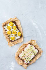 Variety of sandwiches with cream cheese, radish, tomatoes and micro greens