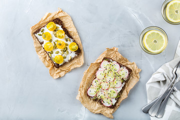 Variety of sandwiches with cream cheese, radish, tomatoes and micro greens