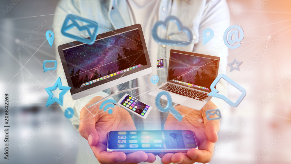 Poster devices like smartphone, tablet or computer flying over connection network and app- 3d render