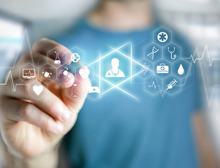 View of Medecine and general healthcare icon displayed on a technology interface