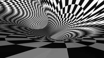 Vector optical illusion black and white twisted checker abstract background. © samserius
