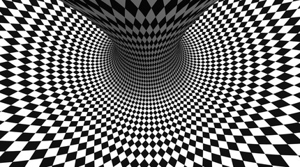 Vector optical illusion black and white twisted checker abstract background. © samserius