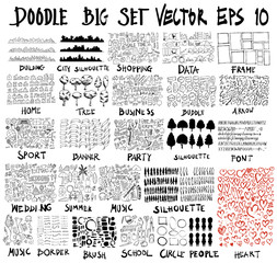 Doodle Vector Big collection of building, silhouette, shopping, data, frame, home, tree, business, bubble, arrow, sport, banner, party, font, wedding, summer, music, silhouette people, heart, border