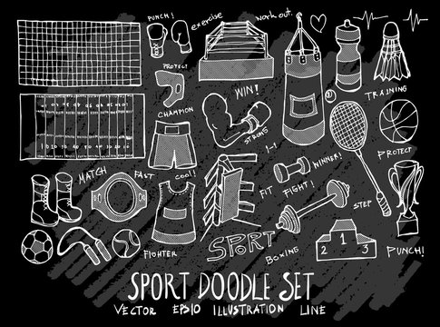 Hand drawn Sketch doodle vector Sport set on Chalkboard eps10