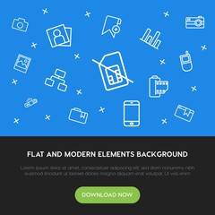 charts, mobile, photos, bookmarks outline vector icons and elements background concept on blue background.Multipurpose use on websites, presentations, brochures and more