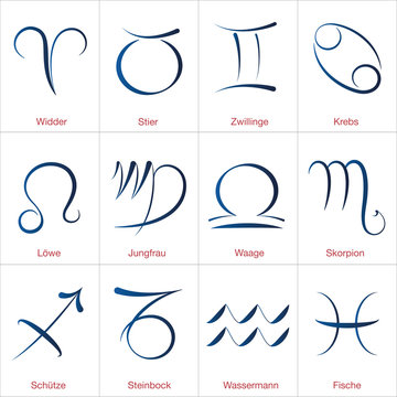 Twelve signs of the zodiac, german names. Astrology signs, calligraphic illustrations of the twelve zodiac signs.