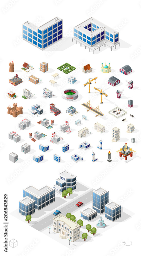 Poster build your own isometric city . isolated high quality vector elements on white background