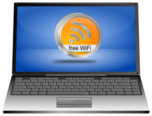Laptop Computer with free WiFi button - 3D illustration