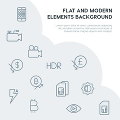 money, mobile, video, photos outline vector icons and elements background concept on grey background.Multipurpose use on websites, presentations, brochures and more