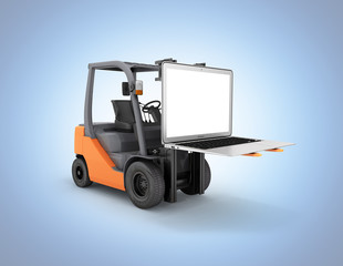 Concept logistics of loading and delivery The forklift lifts the laptop with empty screen isolated on blue gradient background 3d