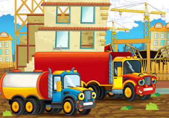 Obraz na płótnie Canvas Cartoon scene with industry trucks on construction site - illustration for children