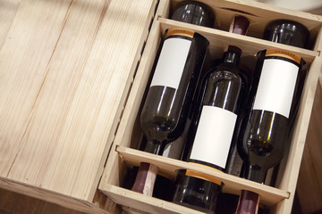Wine bottles in the wood box