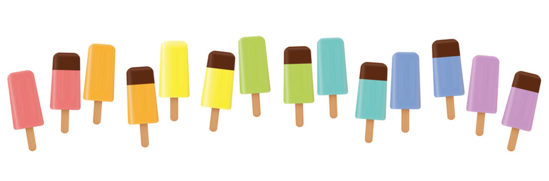 Ice lollys. Colorful line, loosely arranged, different flavor and colors, some with chocolate glaze. Rainbow colored three-dimensional isolated vector illustration on white background.