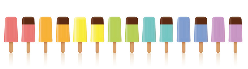 Ice lollys. Lined up with different colors. Rainbow colored collection of many frozen popsicles in a line, some with chocolate glaze. Isolated vector illustration on white background.