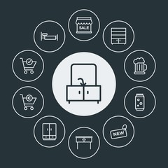 drinks, shopping, furniture Infographic Circle outline Icons Set. Contains such Icons as  beer, closet,  work,  shop,  home,  house,  clothing,  apartment,  cup and more. Fully Editable. Pixel Perfect