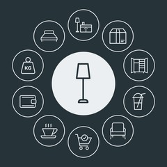 drinks, shopping, furniture Infographic Circle outline Icons Set. Contains such Icons as lamp,  cargo,  table,  drink,  espresso, leather,  modern,  bed, ice and more. Fully Editable. Pixel Perfect