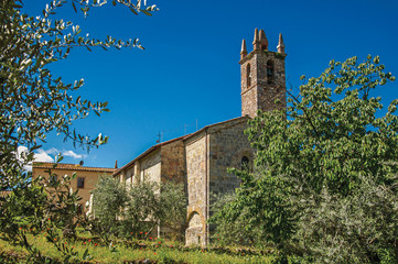 Fototapeta premium Overview of church and bell tower with trees around in the hamlet of Monteriggioni. A medieval fortress, surrounded by stone walls, at the top of a hill, near Siena. Located in the Tuscany region