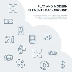 money, mobile, video, photos outline vector icons and elements background concept on grey background.Multipurpose use on websites, presentations, brochures and more