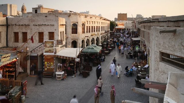 Qatar, Middle East, Arabian Peninsula, Doha, the restored Souq Waqif with mud rendered shops and exposed timber beams