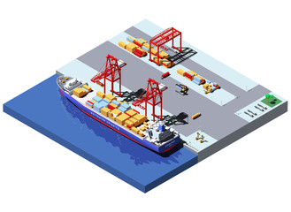 Vector isometric cargo port with two cranes unloading containers from container ship
