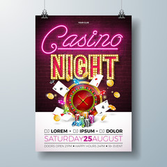 Vector Casino night flyer illustration with gambling design elements and shiny neon light lettering on brick wall background. Lighting signboard, roulette wheel, playing chips, gold coin and poker