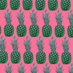 A pattern of green pineapples on a pink background.  Contemporary art collage.