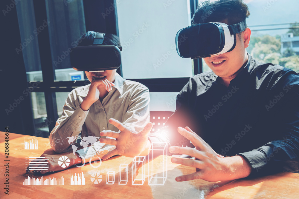 Poster business team meeting using virtual reality simulator headset and developing a new project