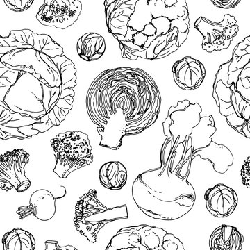 The pattern of painted colored vegetables line drawn on a white 