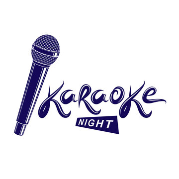 Stage microphone vector illustration, stereo and audio professional equipment. Vector emblem for use in karaoke night advertising flyer design.