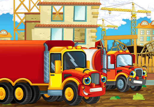 Cartoon scene with industry trucks - illustration for children