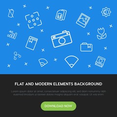 charts, mobile, photos, bookmarks outline vector icons and elements background concept on blue background.Multipurpose use on websites, presentations, brochures and more